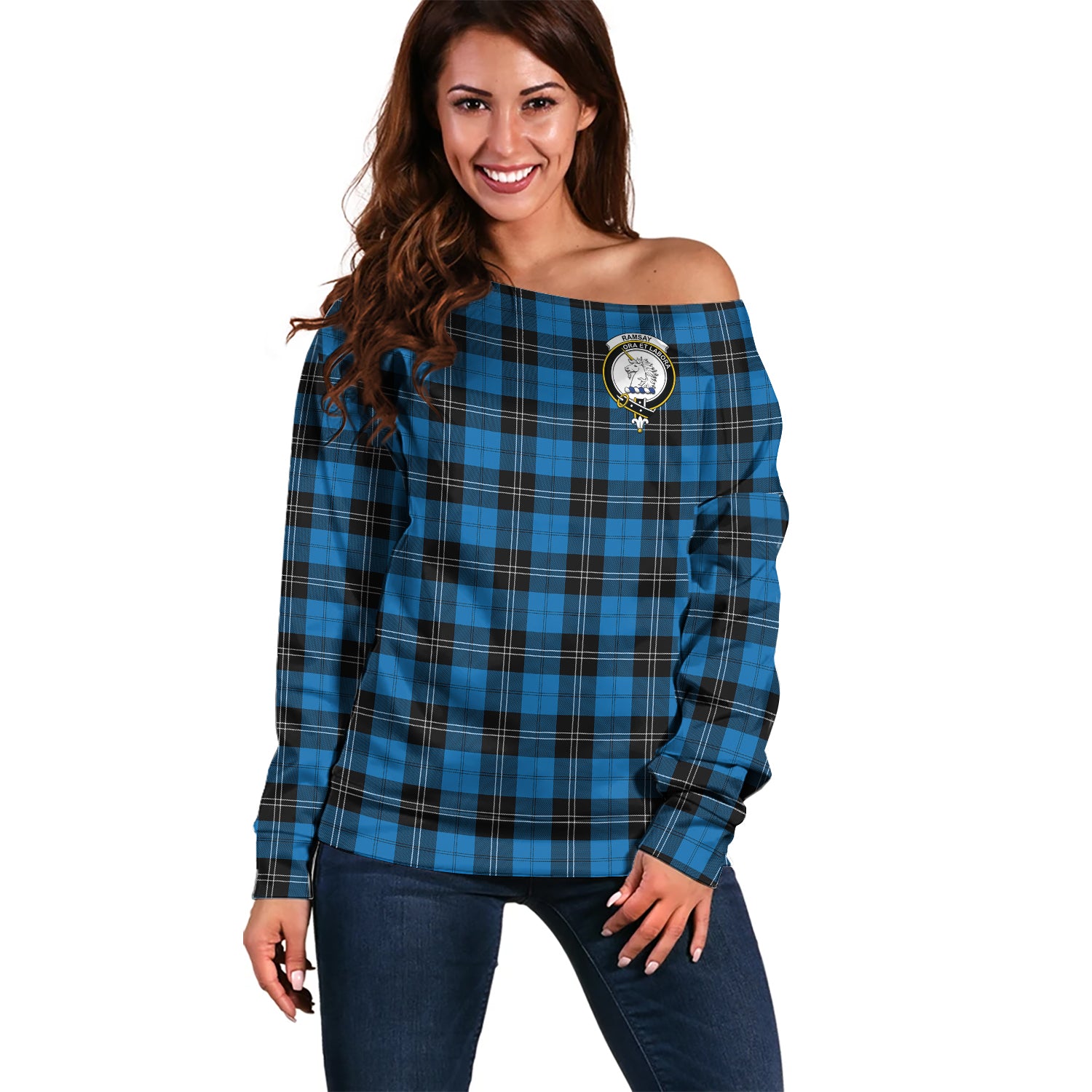 ramsay-blue-ancient-clan-tartan-off-shoulder-sweater-family-crest-sweater-for-women