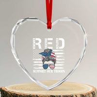 Red Friday Heart Crystal Glass Ornament R.E.D Remember Everyone Deployed American Flag Messy Bun - Wonder Print Shop