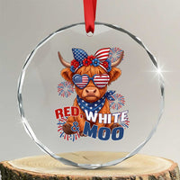 Red White and Moo Funny Patriotic Highland Cow Crystal Glass Ornament Cute American Flag Sunglasses and Bandana Summer Fireworks