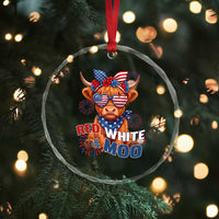 Red White and Moo Funny Patriotic Highland Cow Crystal Glass Ornament Cute American Flag Sunglasses and Bandana Summer Fireworks