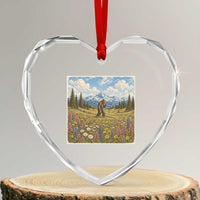 Retro Bigfoot Wildflower Heart Crystal Glass Ornament Vintage Sasquatch Funny Cryptid
