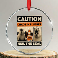 Retro Neil the Seal Caution Chaos in Blubber Crystal Glass Ornament Funny Viral Chaotic Elephant Seal Traffic Cone Meme