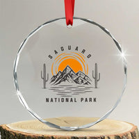 Retro Saguaro National Park Sunset Graphic Crystal Glass Ornament Vintage Arizona Desert Mountain Badge Souvenir