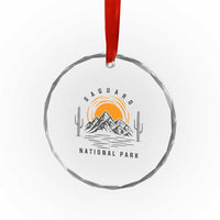 Retro Saguaro National Park Sunset Graphic Crystal Glass Ornament Vintage Arizona Desert Mountain Badge Souvenir