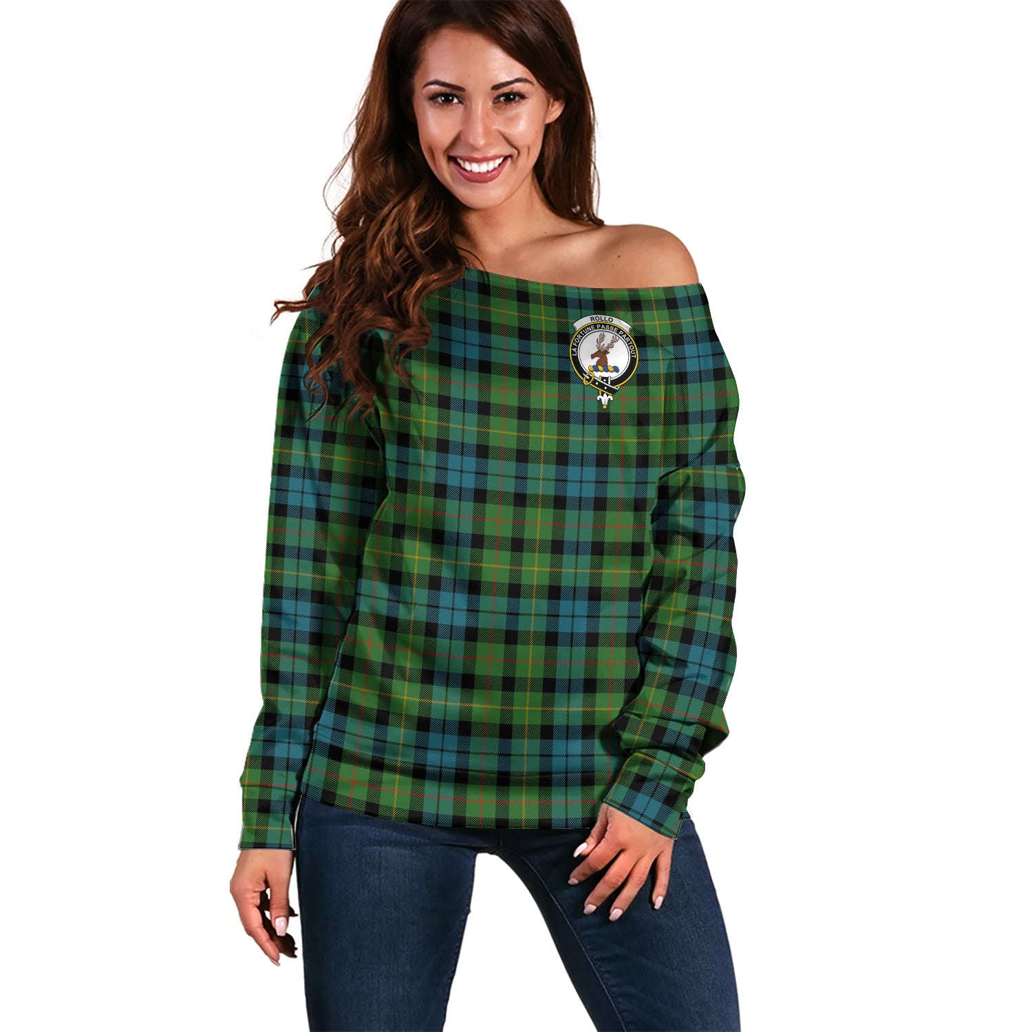 rollo-ancient-clan-tartan-off-shoulder-sweater-family-crest-sweater-for-women