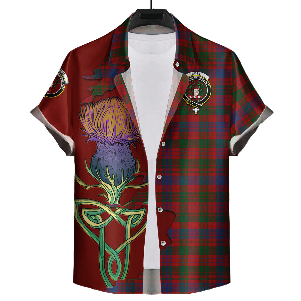 ross-tartan-plaid-short-sleeve-button-down-shirt-tartan-crest-with-thistle-and-scotland-map-short-sleeve-button-shirt