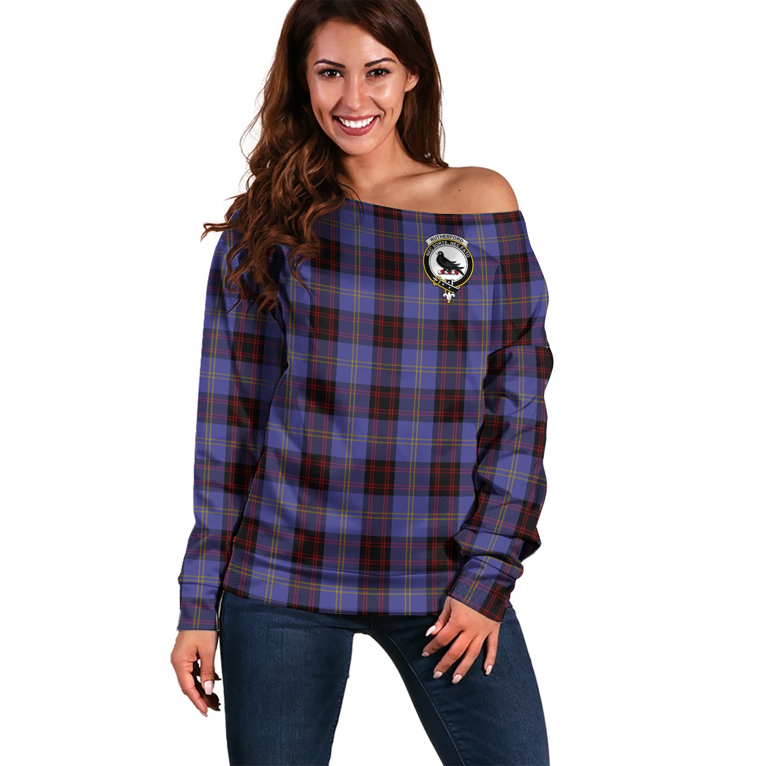 rutherford-clan-tartan-off-shoulder-sweater-family-crest-sweater-for-women