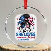 She Loves Jesus And America Too Crystal Glass Ornament Christian 4th of July Messy Bun Flag TS10