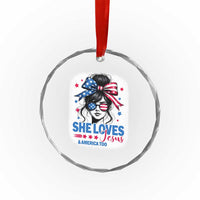 She Loves Jesus And America Too Crystal Glass Ornament Christian 4th of July Messy Bun Flag TS10