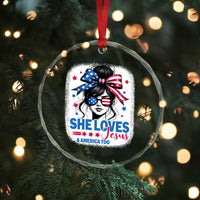 She Loves Jesus And America Too Crystal Glass Ornament Christian 4th of July Messy Bun Flag - Wonder Print Shop