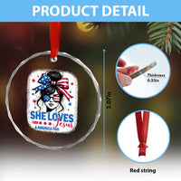 She Loves Jesus And America Too Crystal Glass Ornament Christian 4th of July Messy Bun Flag TS10