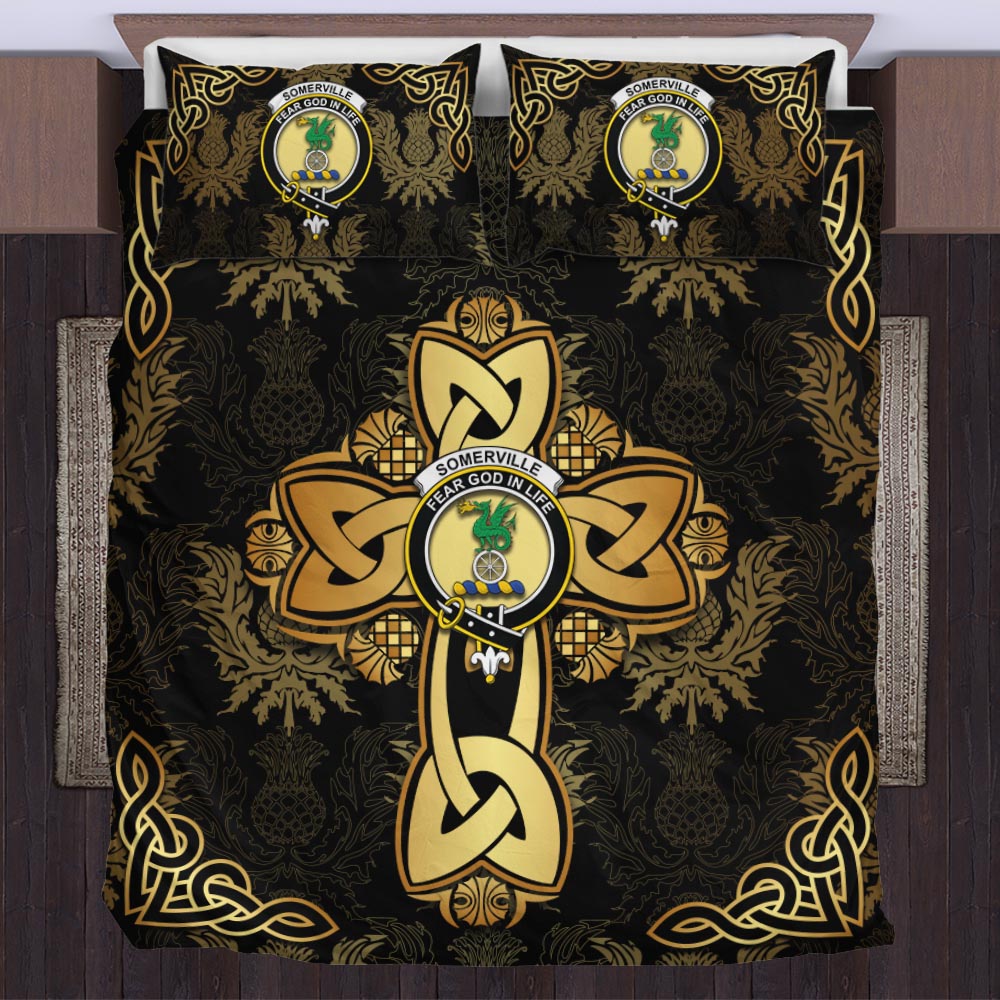somerville-clan-crest-golden-celtic-cross-thistle-style-bedding-set