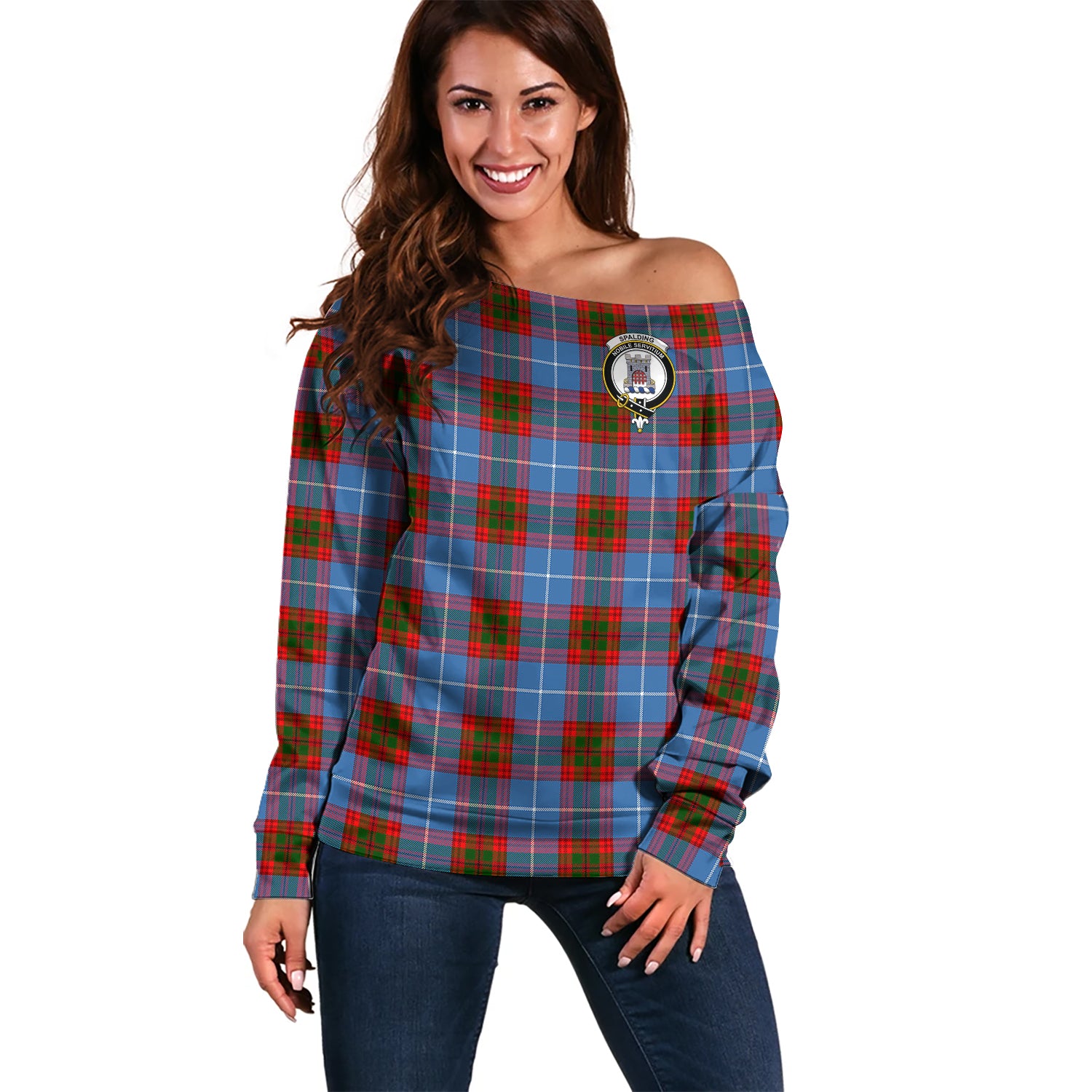 spalding-clan-tartan-off-shoulder-sweater-family-crest-sweater-for-women