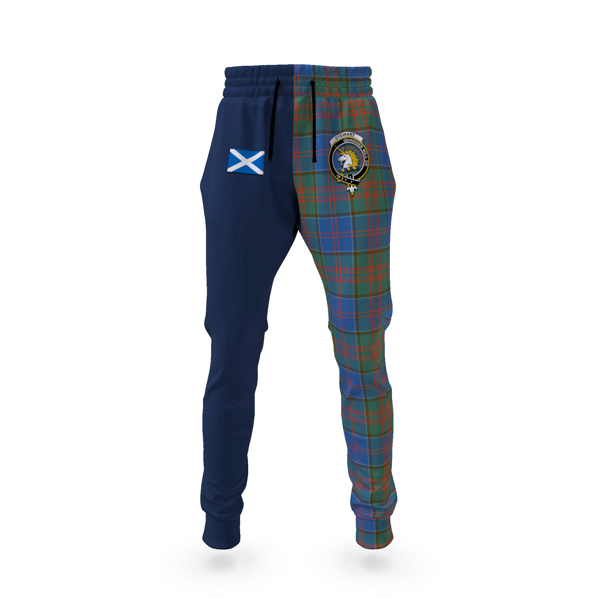 stewart-of-appin-hunting-ancient-tartan-plaid-joggers-family-crest-tartan-joggers-with-scottish-flag-half-style
