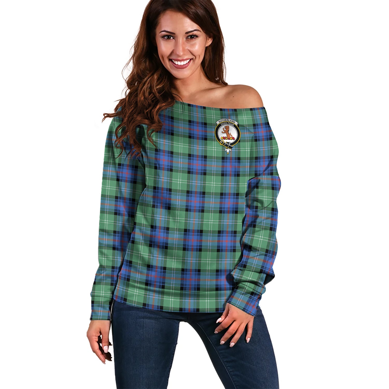 sutherland-ancient-clan-tartan-off-shoulder-sweater-family-crest-sweater-for-women
