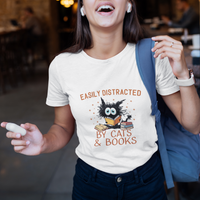 Cat & Book Lover T Shirt Easily Distracted By Cats And Books Funny Black Cat Meme - Wonder Print Shop