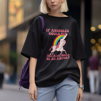 Black graphic T-shirt with rainbow unicorn and slogan print, front view