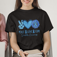 Peace Love Cure Blue Ribbon Sunflower Diabetes Awareness T Shirt - Wonder Print Shop