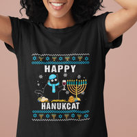Hanukkah Cat T Shirt Happy Hanukcat Jewish Hanukkah Black Cat Menorah Chanukah - Wonder Print Shop