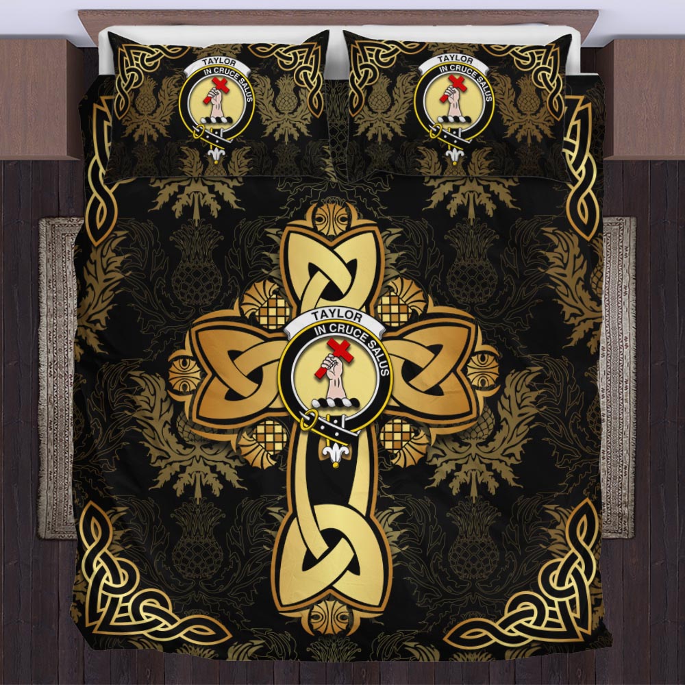 taylor-clan-crest-golden-celtic-cross-thistle-style-bedding-set