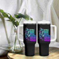 Suicide Prevention Awareness Tumbler With Handle Teal Purple Motivational Wolf Still Here Still Fighting - Wonder Print Shop