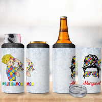 Personalized Autism Mom 4 in 1 Can Cooler Tumbler Strong and Proud Puzzle Pieces Messy Bun