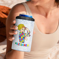 Personalized Autism Mom 4 in 1 Can Cooler Tumbler Strong and Proud Puzzle Pieces Messy Bun