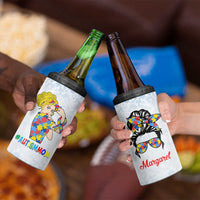 Personalized Autism Mom 4 in 1 Can Cooler Tumbler Strong and Proud Puzzle Pieces Messy Bun