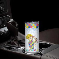 Personalized Autism Mom Skinny Tumbler Strong and Proud Puzzle Pieces Messy Bun
