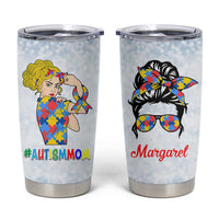 Personalized Autism Mom Tumbler Cup Strong and Proud Puzzle Pieces Messy Bun
