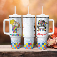 Personalized Autism Mom Tumbler With Handle Strong and Proud Puzzle Pieces Messy Bun