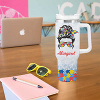 Personalized Autism Mom Tumbler With Handle Strong and Proud Puzzle Pieces Messy Bun