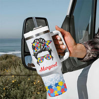 Personalized Autism Mom Tumbler With Handle Strong and Proud Puzzle Pieces Messy Bun