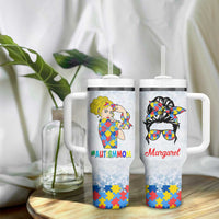 Personalized Autism Mom Tumbler With Handle Strong and Proud Puzzle Pieces Messy Bun