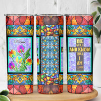 Personalized Christian Faith Stained Glass Printing Skinny Tumbler Custom Name Be Still And Know That I Am God Dandelion Taraxacum Flower