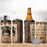 Personalized Deer Hunting Girl 4 in 1 Can Cooler Tumbler Custom Name I'd Rather Be Hunting Camouflage Messy Bun