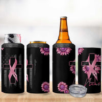 Personalized Breast Cancer Warrior Support 4 in 1 Can Cooler Tumbler Custom Name Pink Ribbon Sunflower American Flag