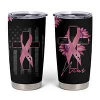 Personalized Breast Cancer Warrior Support Tumbler Cup Custom Name Pink Ribbon Sunflower American Flag