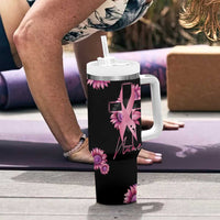 Personalized Breast Cancer Warrior Support Tumbler With Handle Custom Name Pink Ribbon Sunflower American Flag