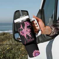 Personalized Breast Cancer Warrior Support Tumbler With Handle Custom Name Pink Ribbon Sunflower American Flag