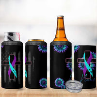 Personalized Suicide Prevention Awareness 4 in 1 Can Cooler Tumbler Custom Name Teal and Purple Ribbon Sunflower American Flag