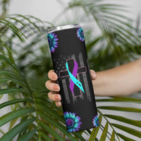 Personalized Suicide Prevention Awareness Skinny Tumbler Custom Name Teal and Purple Ribbon Sunflower American Flag