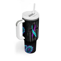 Personalized Suicide Prevention Awareness Tumbler With Handle Custom Name Teal and Purple Ribbon Sunflower American Flag