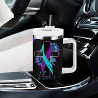 Personalized Suicide Prevention Awareness Tumbler With Handle Custom Name Teal and Purple Ribbon Sunflower American Flag