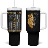 American Patriot Christian Tumbler With Handle Stand For the Flag Kneel For the Cross Lion