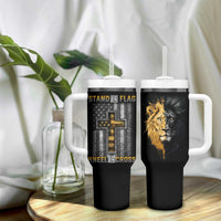 American Patriot Christian Tumbler With Handle Stand For the Flag Kneel For the Cross Lion