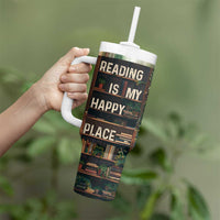 Book Lover Tumbler With Handle Reading Is My Happy Place Vintage Bookshelf - Wonder Print Shop