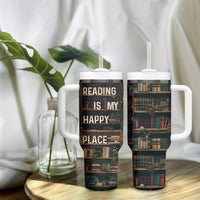 Book Lover Tumbler With Handle Reading Is My Happy Place Vintage Bookshelf - Wonder Print Shop