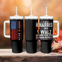 Harris Walz 2024 Election Tumbler With Handle Mind Your Own Damn Business American Flag - Wonder Print Shop