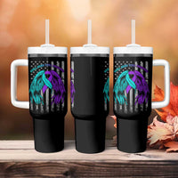 Suicide Prevention Awareness Tumbler With Handle Teal Purple Ribbon Still Here Still Fighting American Flag Therapist Psychologist - Wonder Print Shop